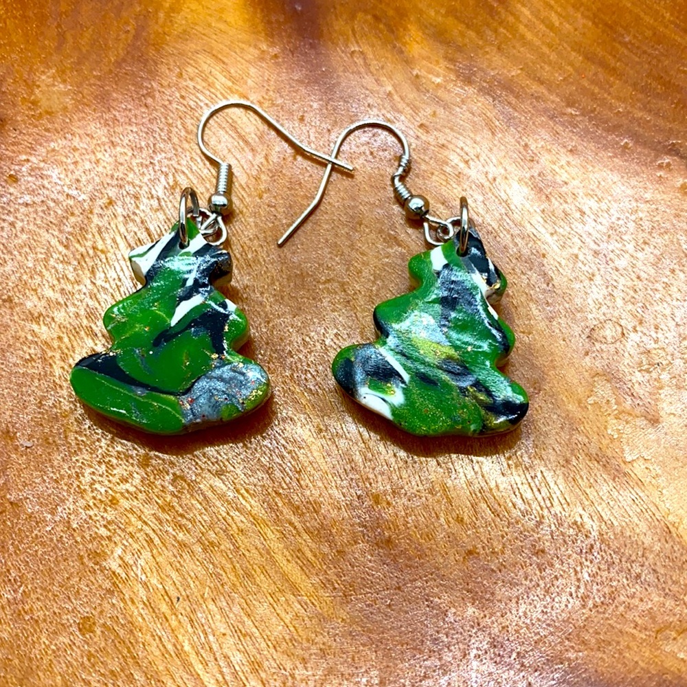 Green marble tree polymer clay earrings